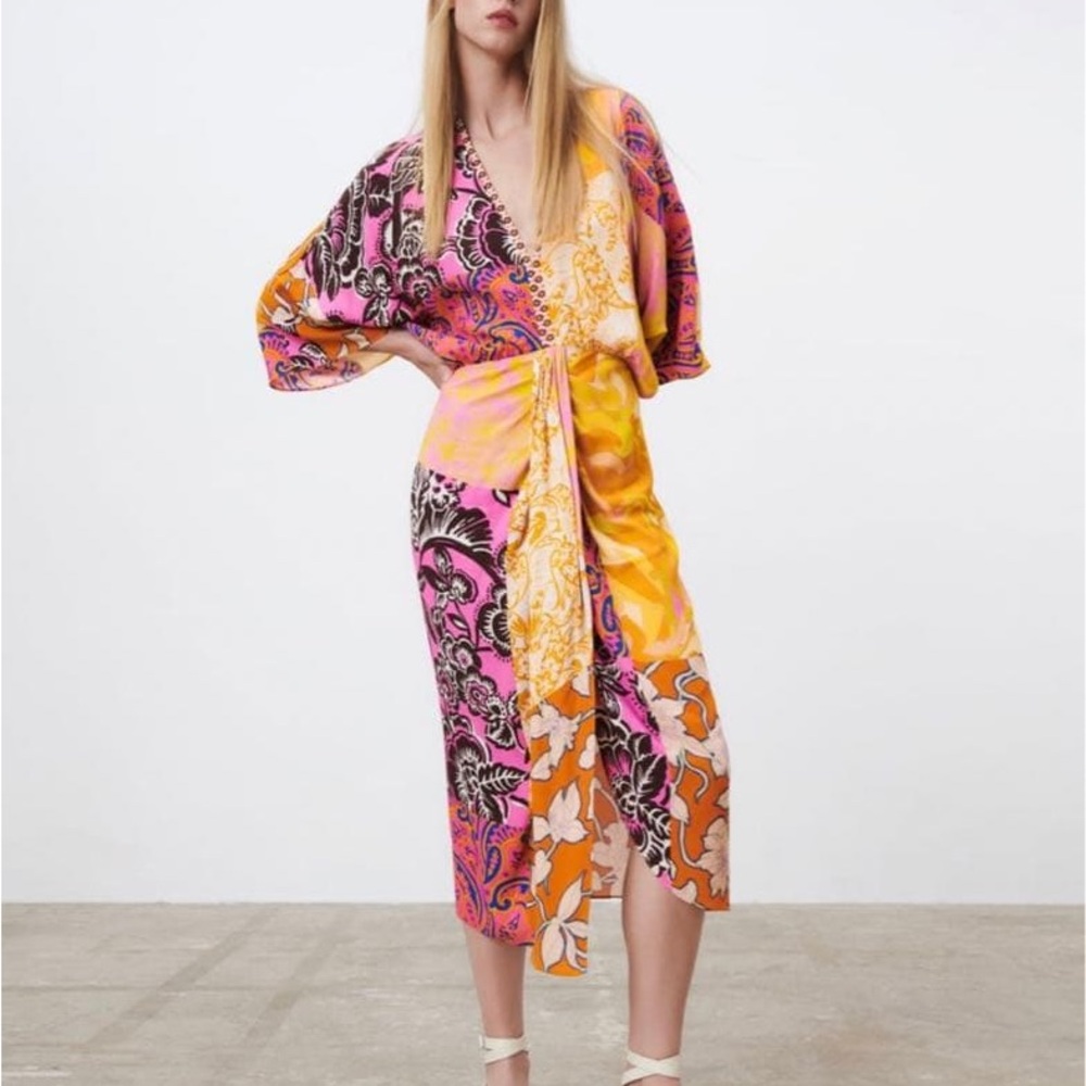 Zara Patchwork Kimono Kaftan Beaded Trim Vacation Resort Bohemian Indie Paisley